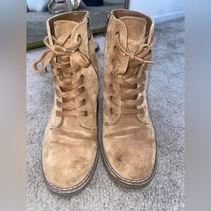 Tan suede tie up chunky heel booties size 6